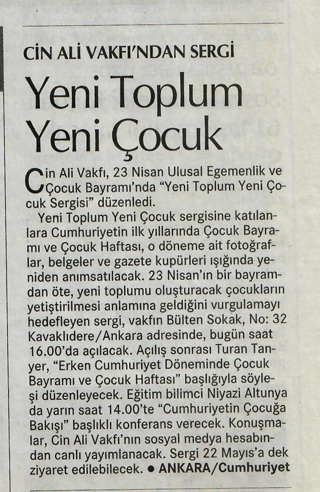 CİN ALİ VAKFI'NDAN SERGİ: Yeni Toplum Yeni Çocuk