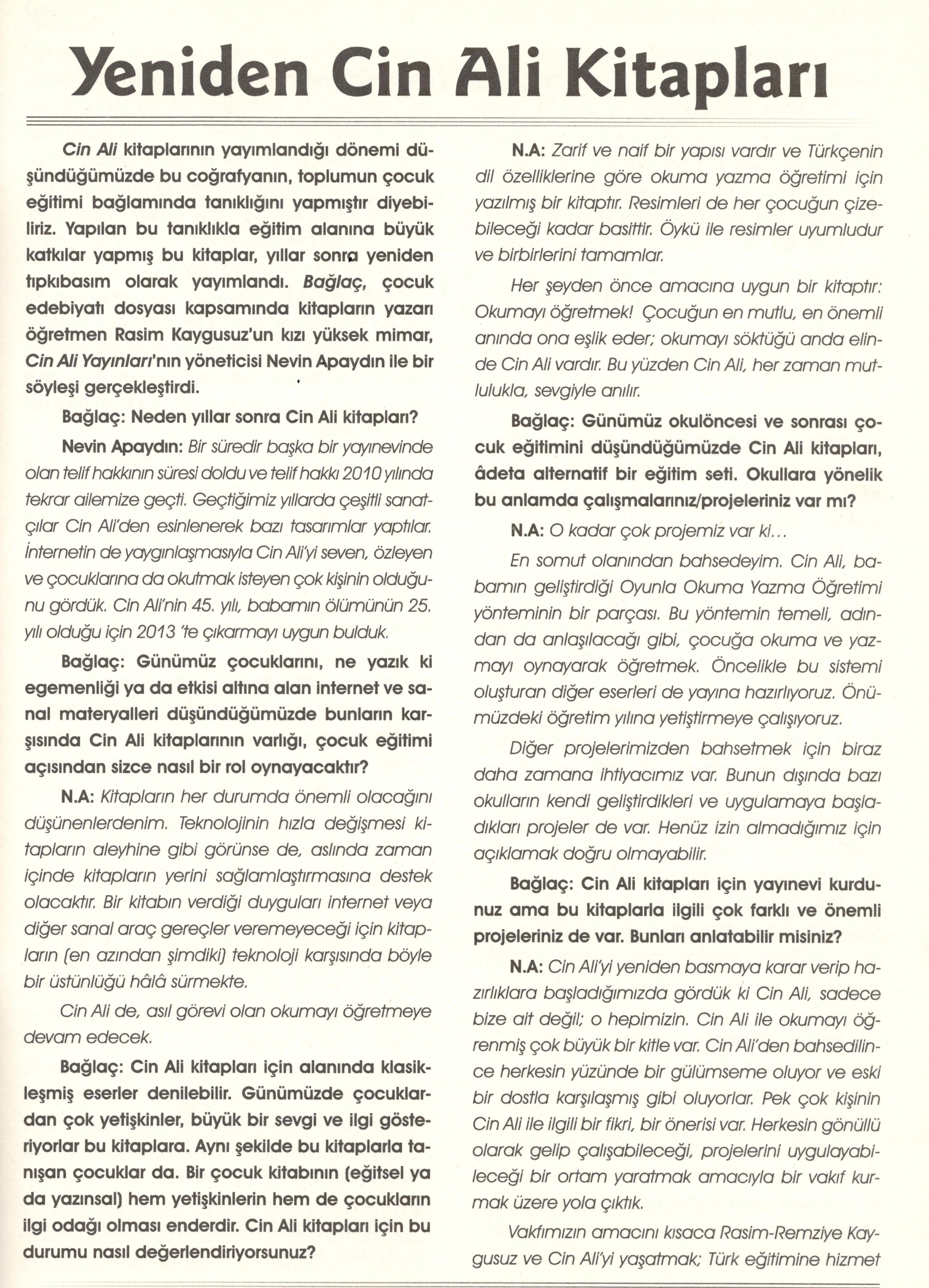 Yeniden Cin Ali Kitapları- Bağlaç Kültür Sanat Edebiyat Dergisi