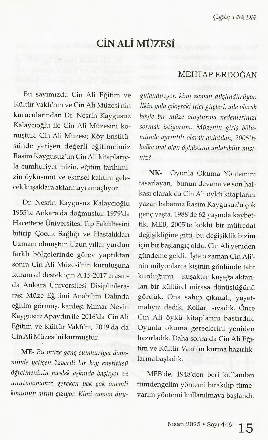 Cin Ali Müzesi- Çağdaş Türk Dili Dergisi