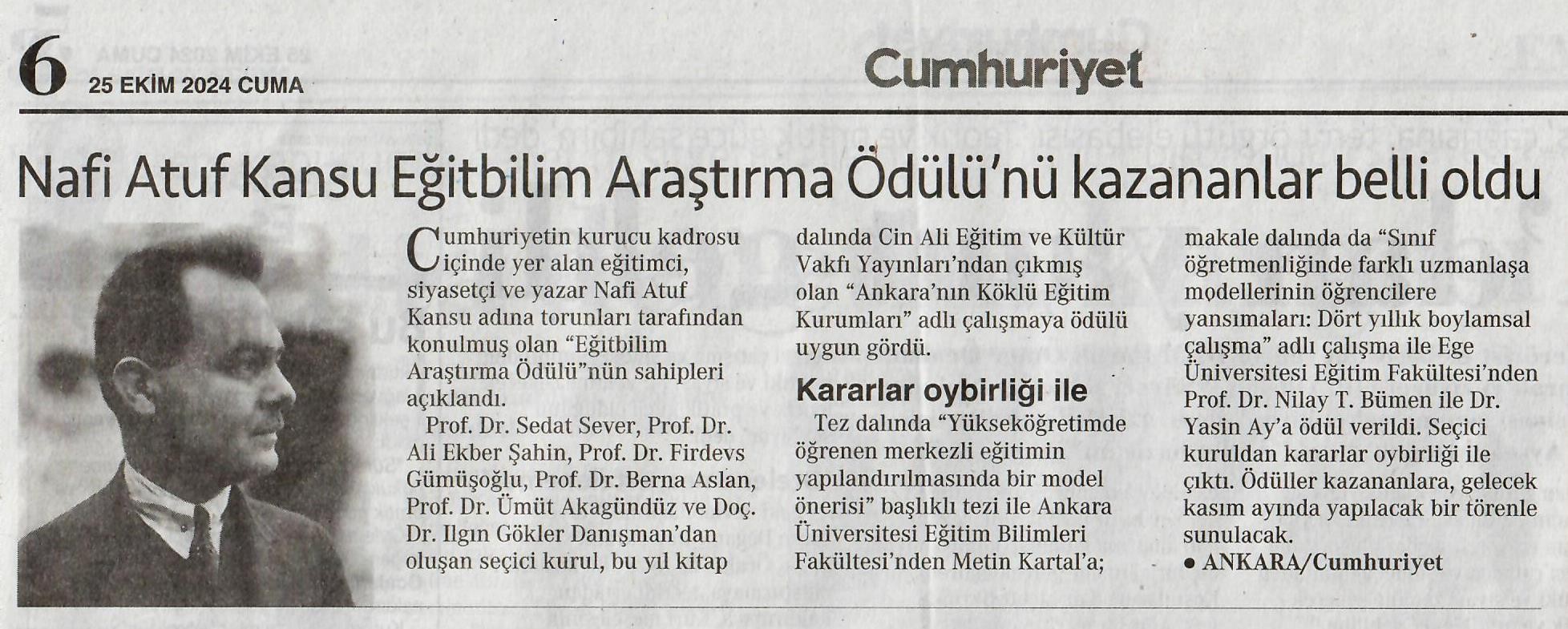 Nafi Atuf Kansu Eğitbilim Araştırma Ödülü'nü Kazananlar Belli Oldu- Cumhuriyet Gazetesi Ankara Eki