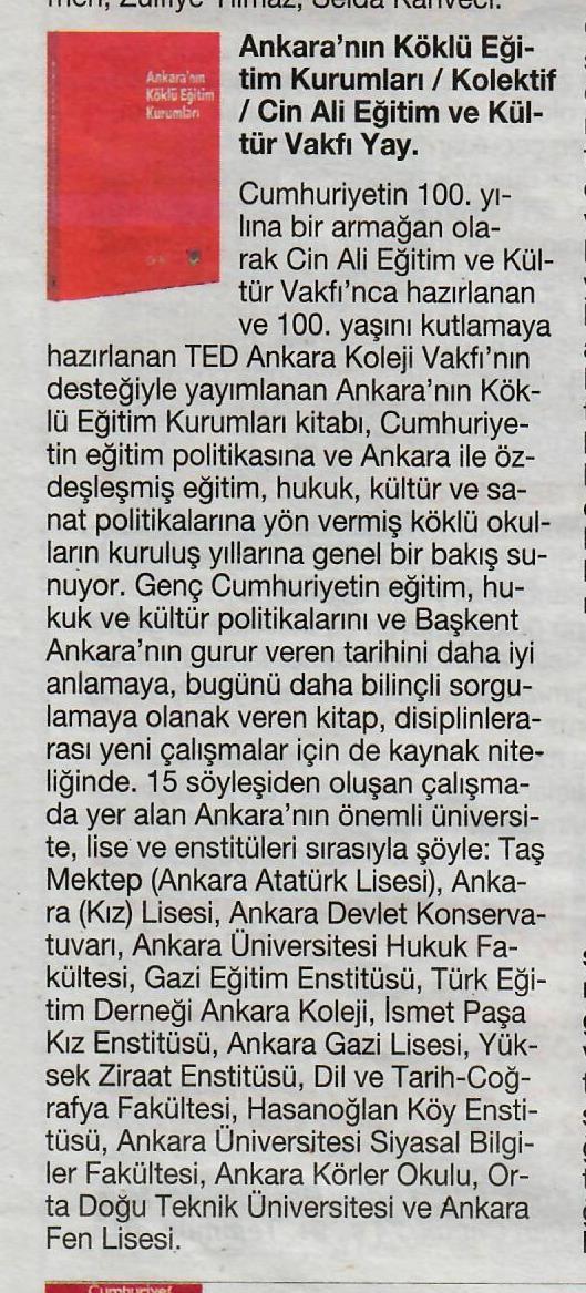 ANKARA'NIN KÖKLÜ EĞİTİM KURUMLARI- CUMHURİYET GAZETESİ KİTAP EKİ